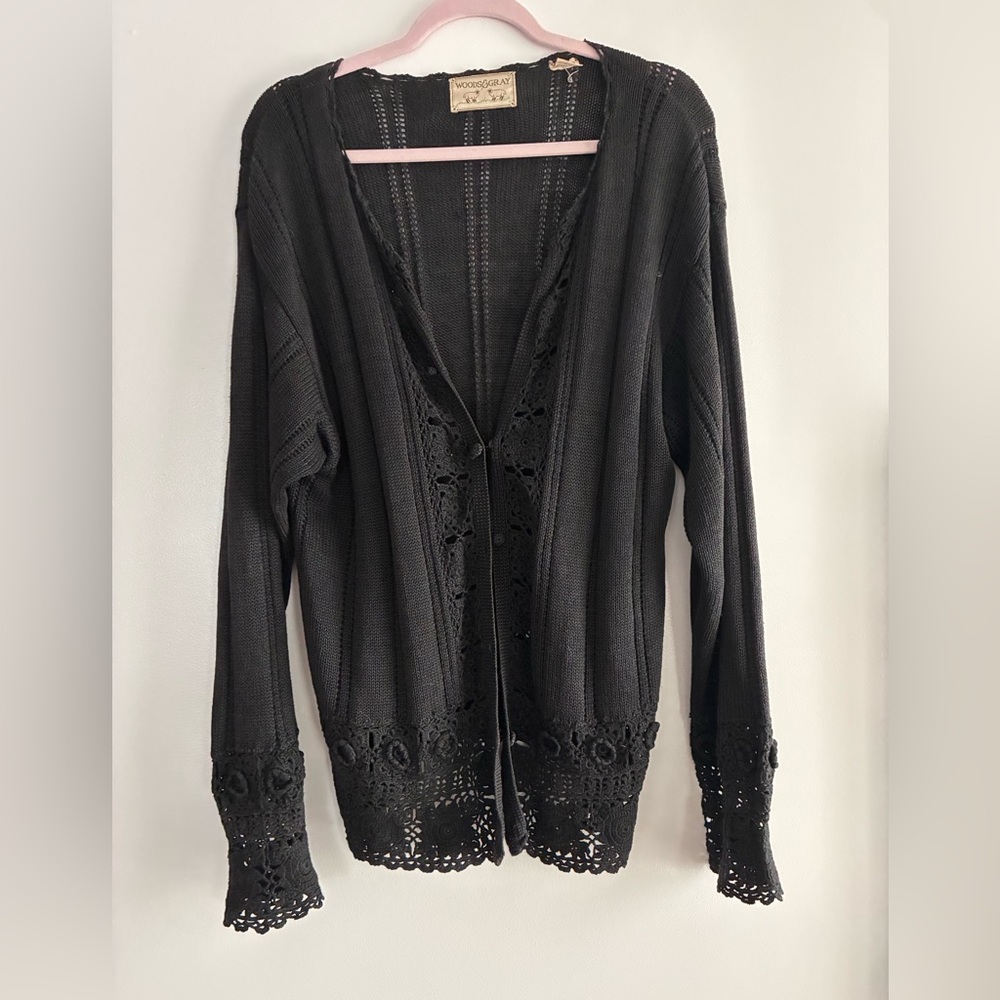 Vintage Crochet-Trim Black Open Cardigan Sweater